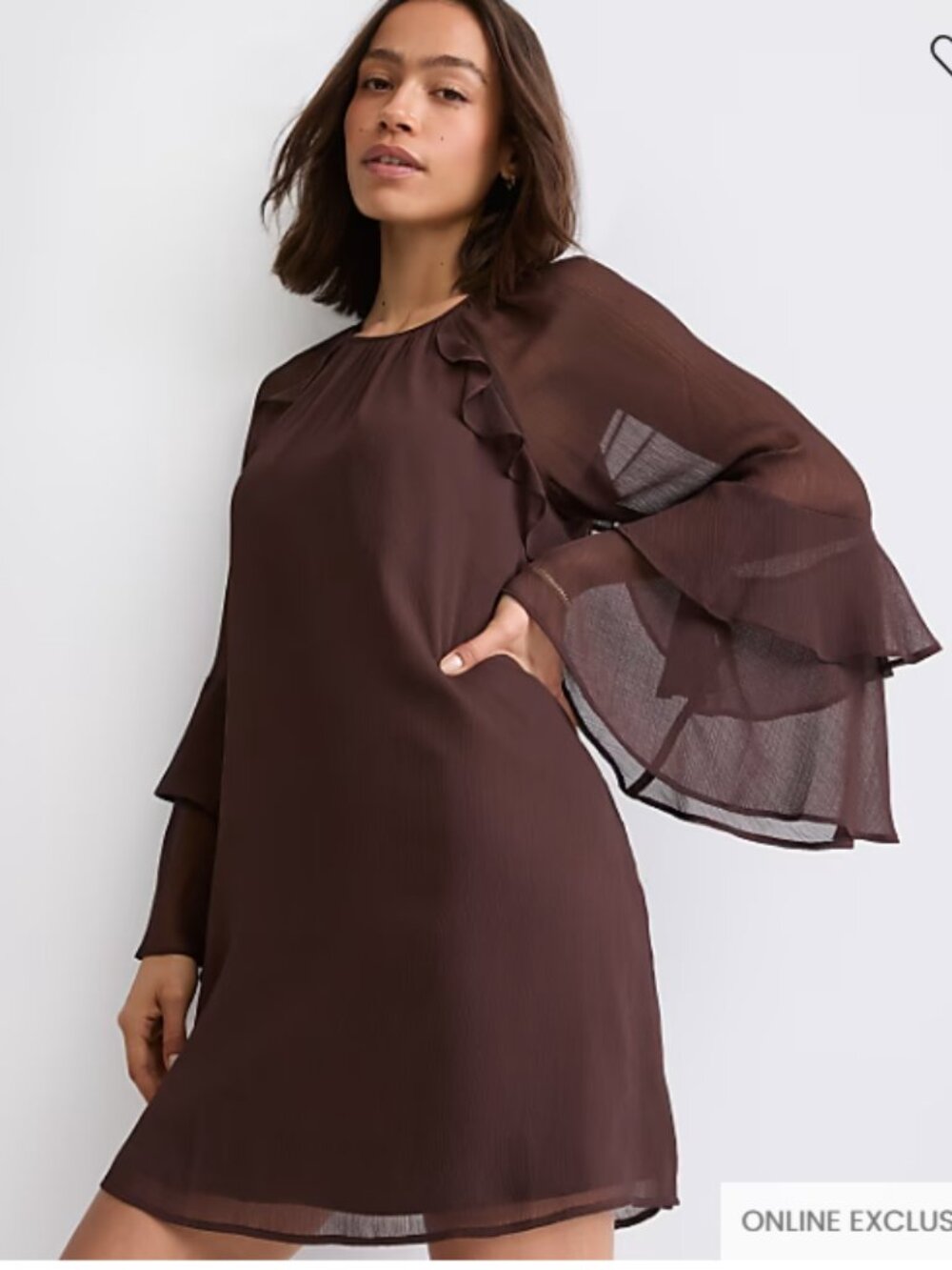LOFT Chocolate Brown Chiffon Ruffle Bell Sleeve Shift Dress M